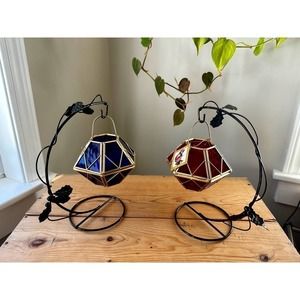 Set of 2 Matched Elegant Hanging Glass Candle Holders Red & Blue (New with Tag)
